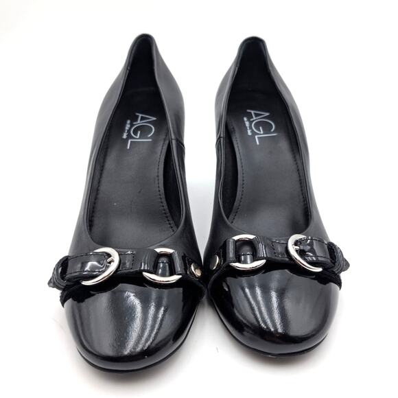 AGL Irina Cap Toe Block Heel Pump Buckle Strap Women's Black Size US8 EU38 - Picture 3 of 11